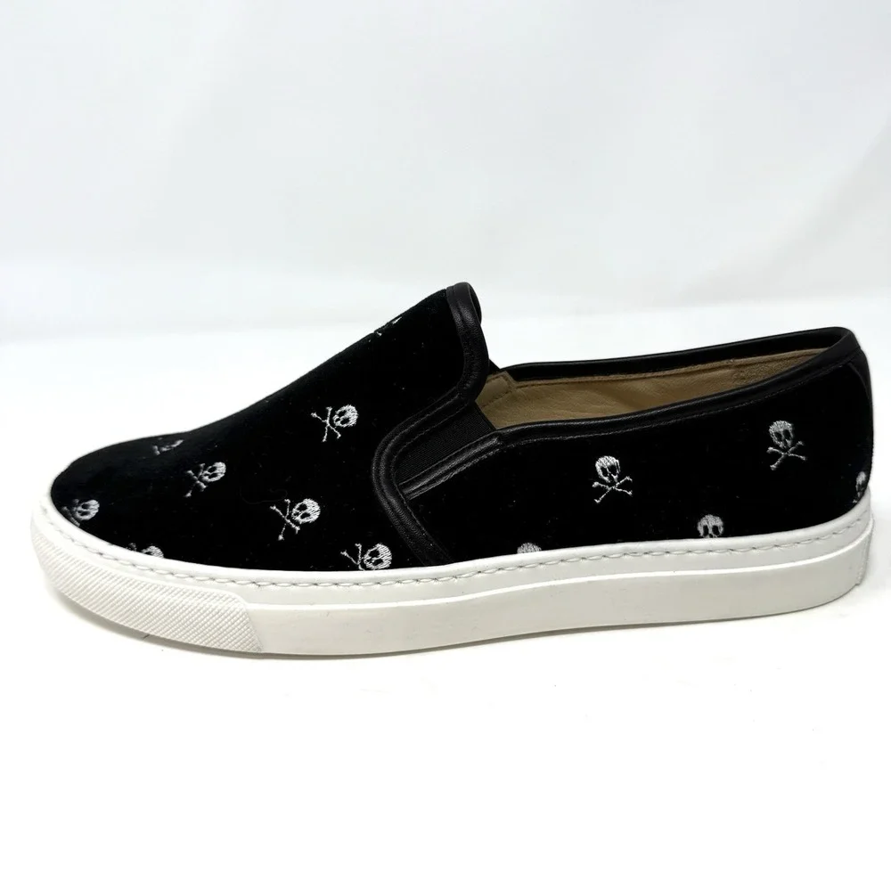 Jon Josef Bari Sneaker Loafer‎ Slip-on Shoe Black Velvet Skull & Crossbones 38 8
